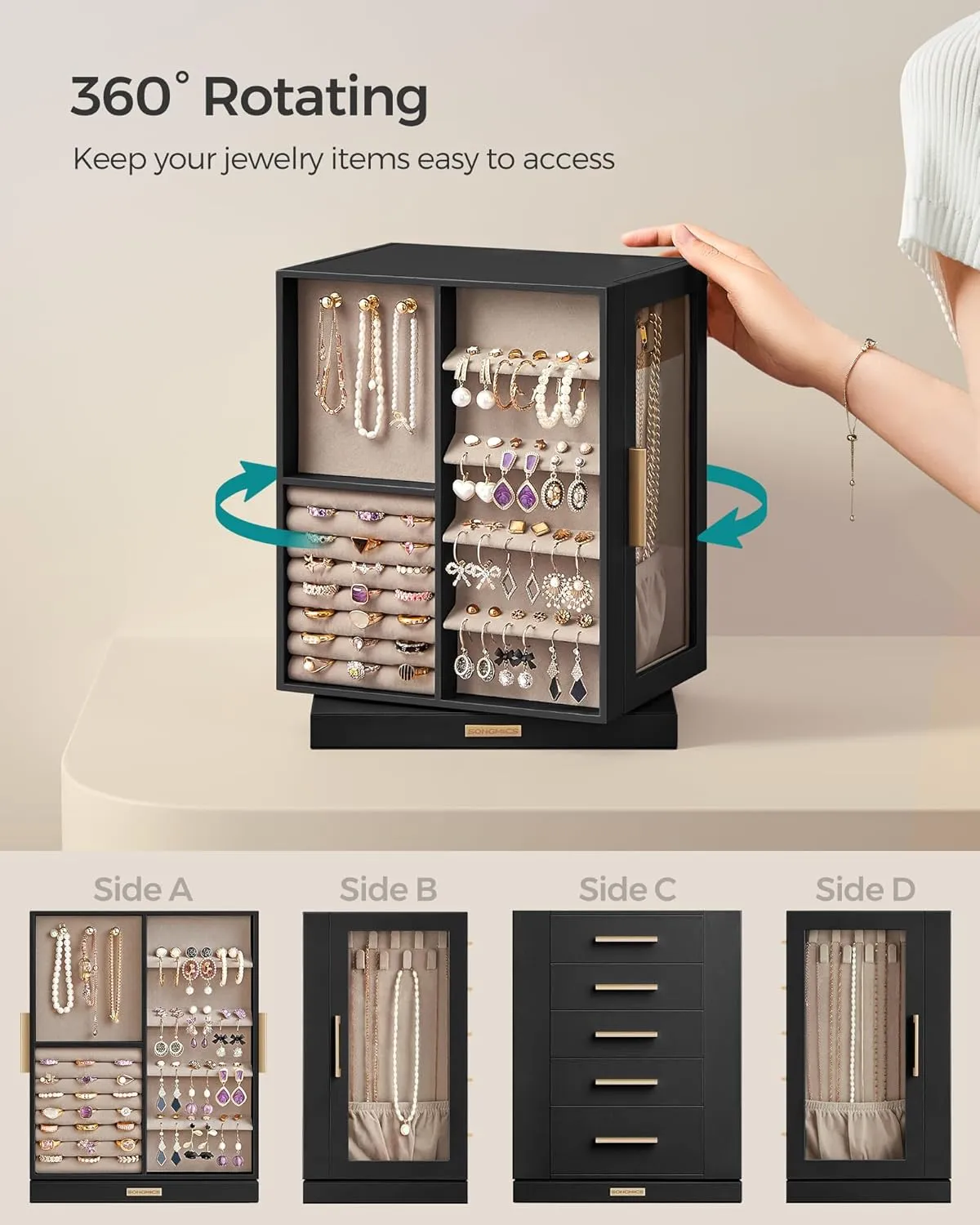 SONGMICS Jewelry Box 360Rotating, Jewelry Storage Case with 5 Drawers, Jewelry Organizer, Glass Window, Spacious, Vertical Jewelry Storage, Open Design, Great Gift, Graphite Black UJBC170B01