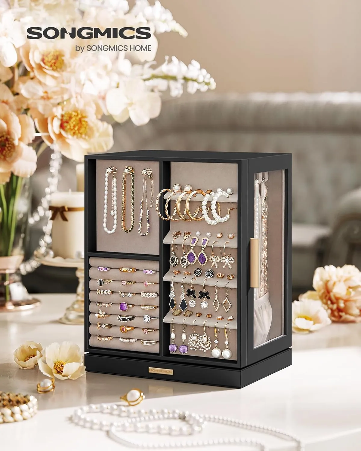 SONGMICS Jewelry Box 360Rotating, Jewelry Storage Case with 5 Drawers, Jewelry Organizer, Glass Window, Spacious, Vertical Jewelry Storage, Open Design, Great Gift, Graphite Black UJBC170B01
