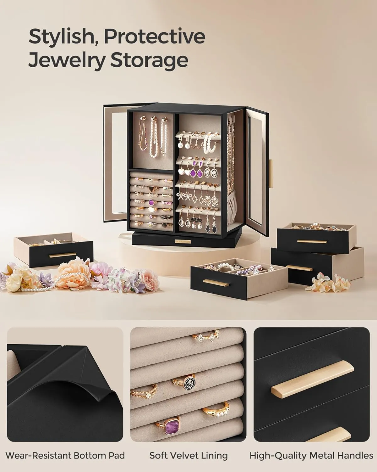SONGMICS Jewelry Box 360Rotating, Jewelry Storage Case with 5 Drawers, Jewelry Organizer, Glass Window, Spacious, Vertical Jewelry Storage, Open Design, Great Gift, Graphite Black UJBC170B01
