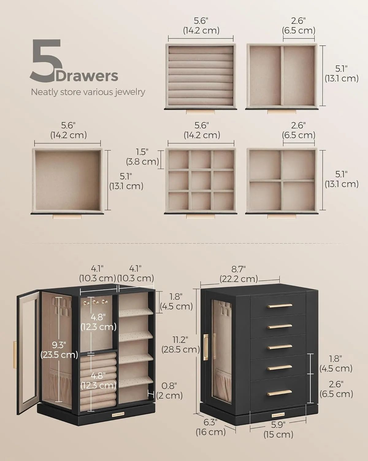 SONGMICS Jewelry Box 360Rotating, Jewelry Storage Case with 5 Drawers, Jewelry Organizer, Glass Window, Spacious, Vertical Jewelry Storage, Open Design, Great Gift, Graphite Black UJBC170B01