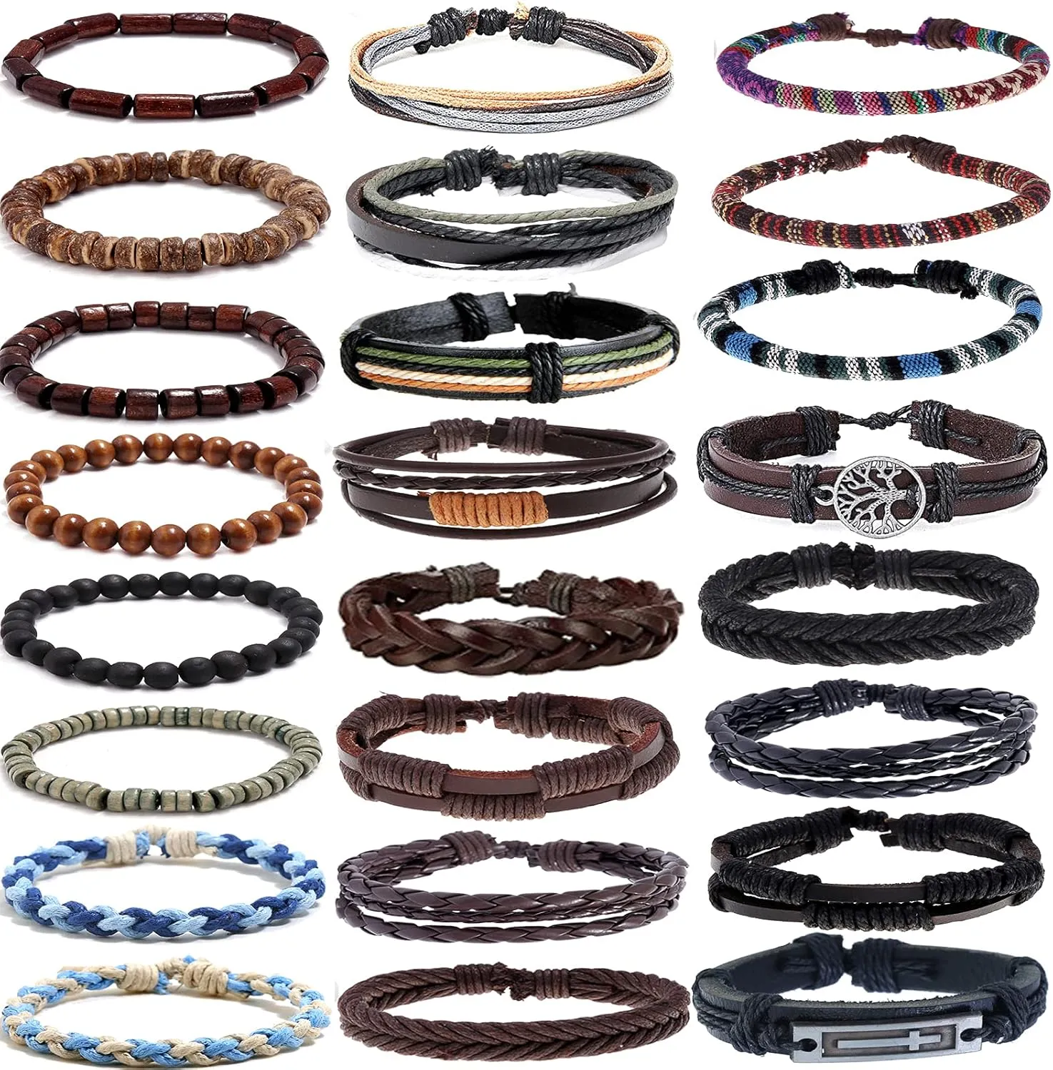 SONNYX 24 PCS Braided Leather Bracelet for Men Women Cool Woven Wrist Cuff Bracelets Hemp Cords Wooden Beads Ethnic Tribal Handmade Wrap Adjustable Wristband Bracelets