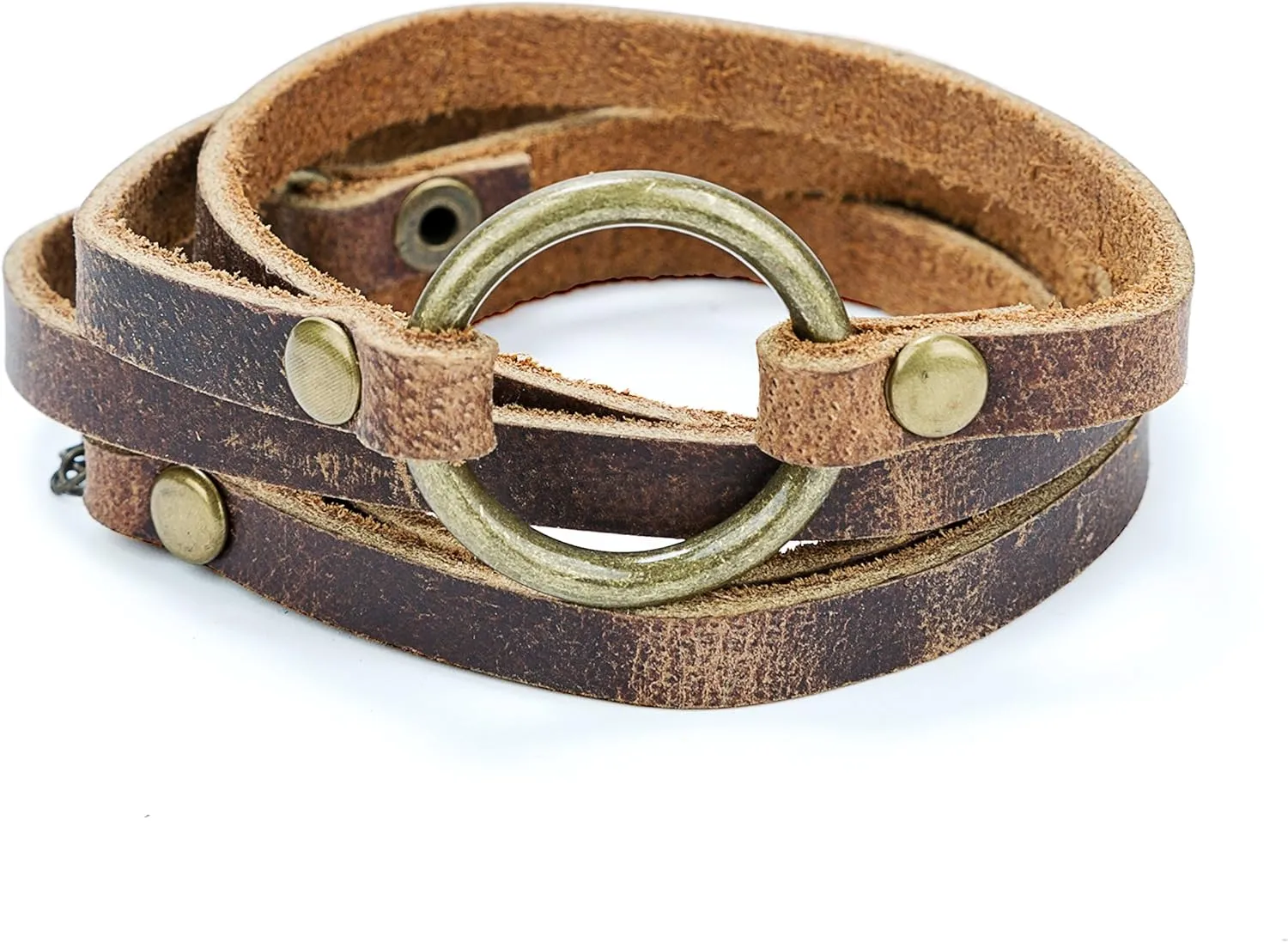 SPUNKYsoul 5 Wrap Leather Circle Bracelet - Adjustable Boho-Inspired Leather Bracelet for Women & Men, Unique Distressed Jewelry with Symbolic Circle, Ideal for Everyday Wear & Gifting