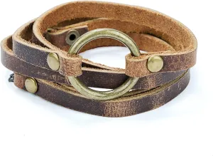 SPUNKYsoul 5 Wrap Leather Circle Bracelet - Adjustable Boho-Inspired Leather Bracelet for Women & Men, Unique Distressed Jewelry with Symbolic Circle, Ideal for Everyday Wear & Gifting