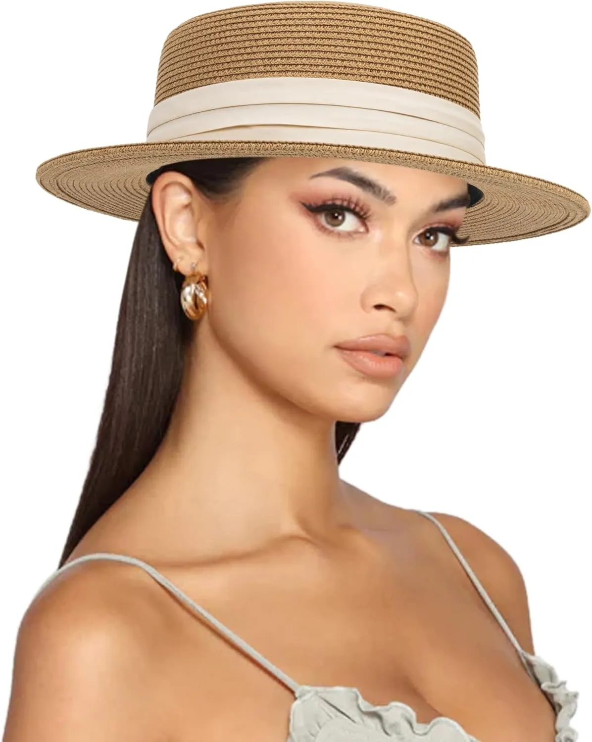 Straw Boater Summer Sun Hat - Wide Brim Fedora Panama Summer Beach Hat for Men Women(Size:Large)