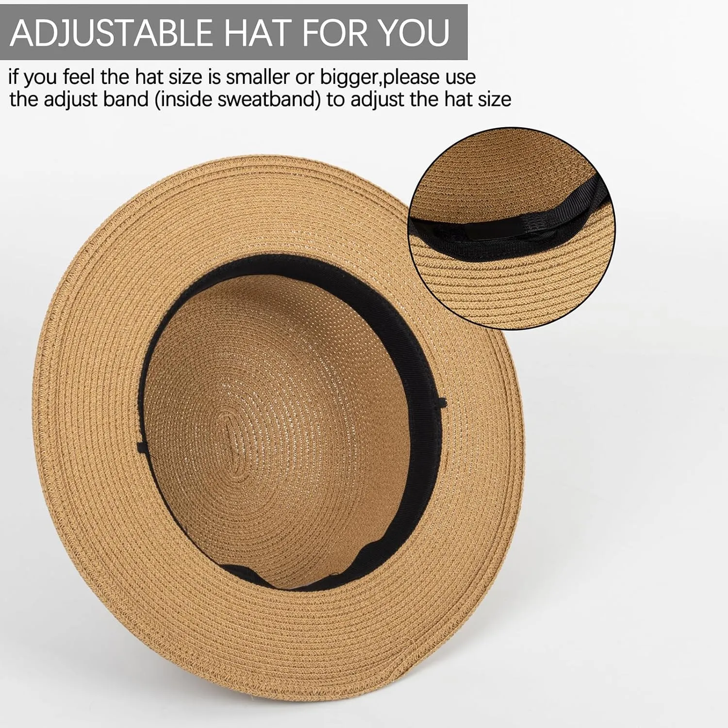 Straw Boater Summer Sun Hat - Wide Brim Fedora Panama Summer Beach Hat for Men Women(Size:Large)