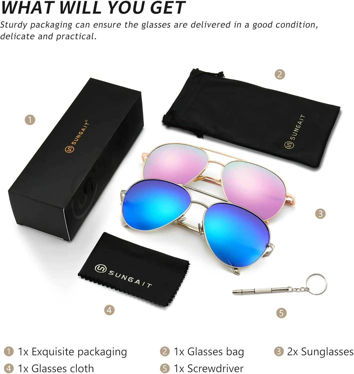 SUNGAIT Women's Lightweight Oversized Aviator Sunglasses - Mirrored Polarized Lens