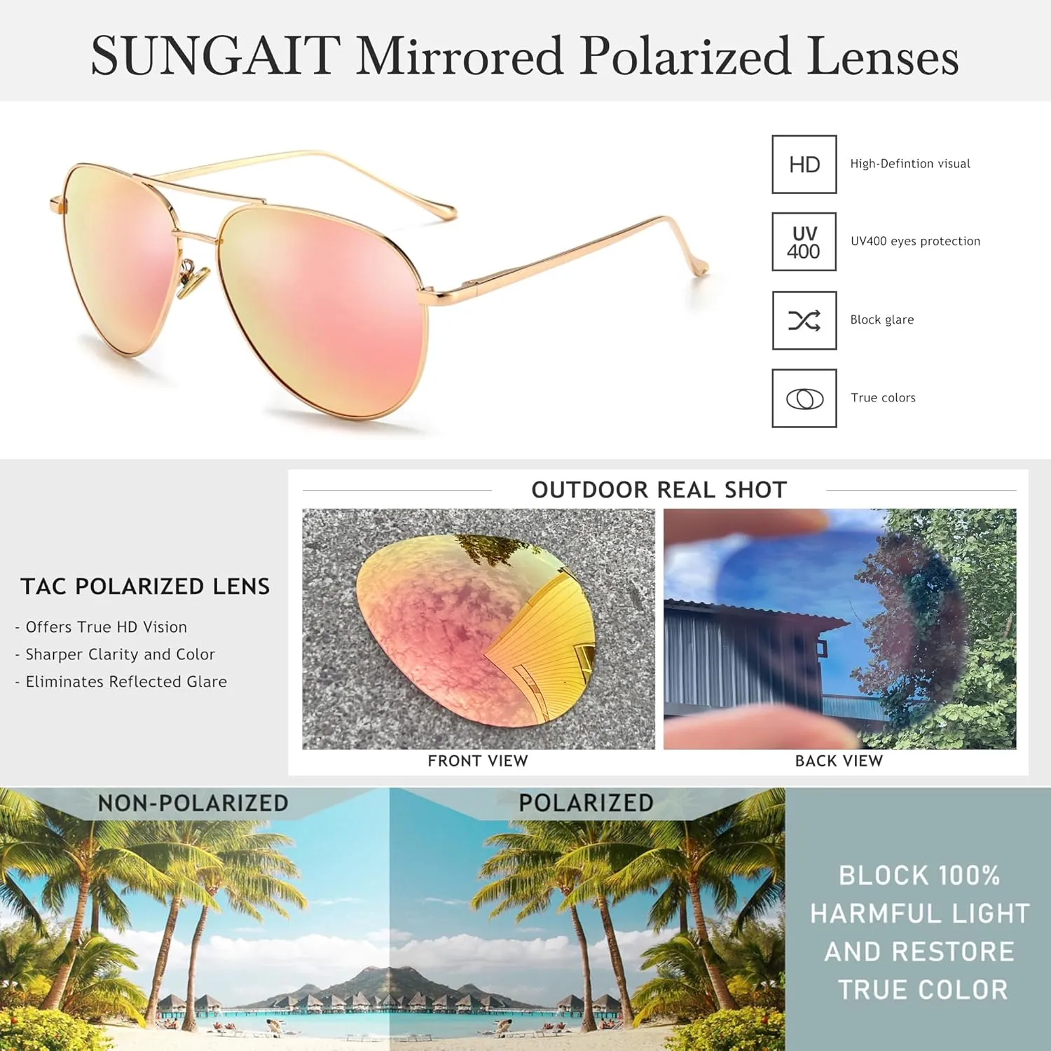 SUNGAIT Women's Lightweight Oversized Aviator Sunglasses - Mirrored Polarized Lens