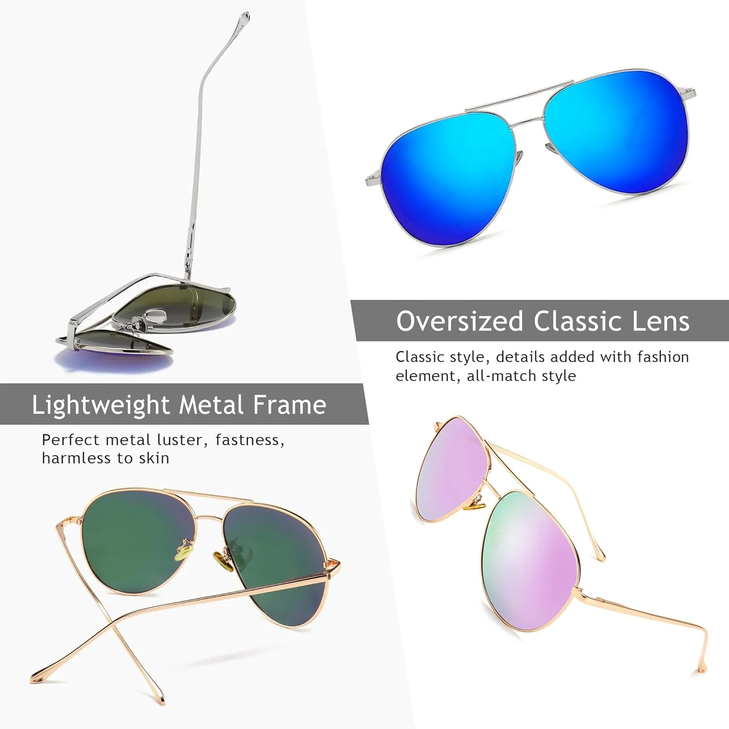 SUNGAIT Women's Lightweight Oversized Aviator Sunglasses - Mirrored Polarized Lens