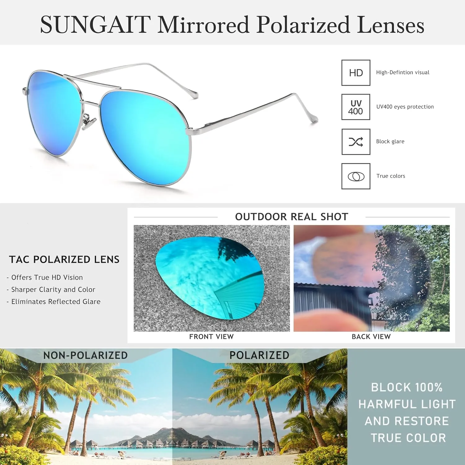 SUNGAIT Women's Lightweight Oversized Aviator Sunglasses - Mirrored Polarized Lens