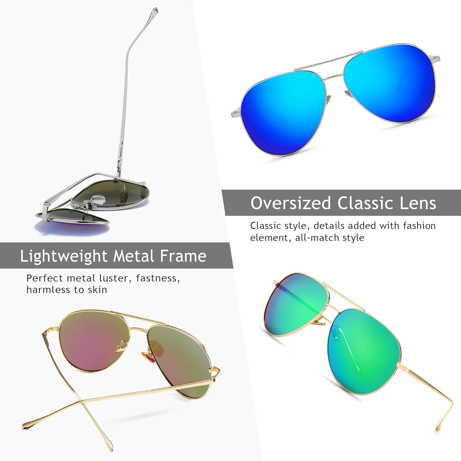 SUNGAIT Women's Lightweight Oversized Aviator Sunglasses - Mirrored Polarized Lens