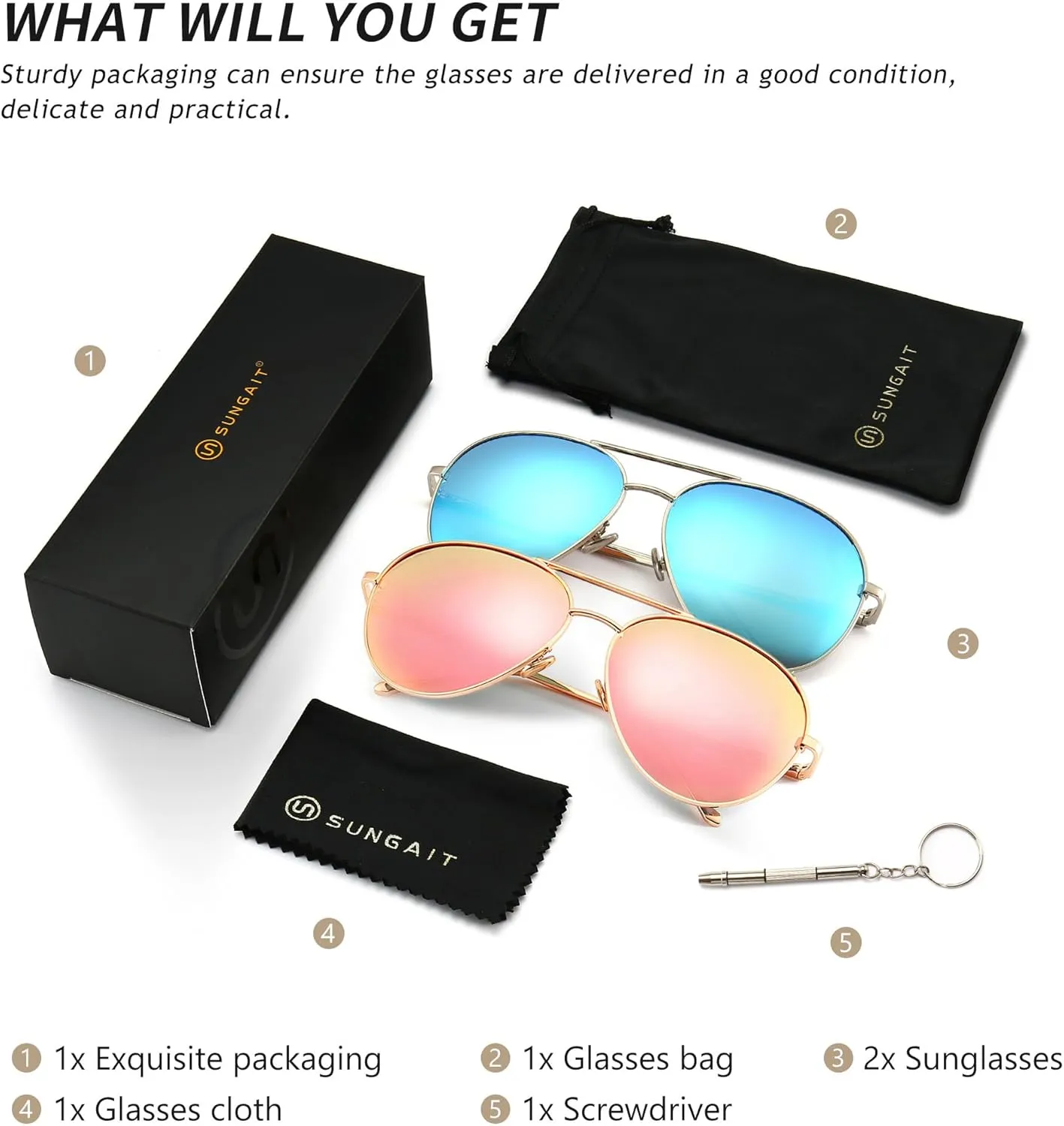 SUNGAIT Women's Lightweight Oversized Aviator Sunglasses - Mirrored Polarized Lens