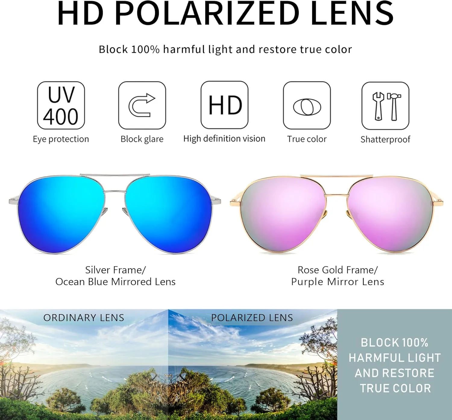 SUNGAIT Women's Lightweight Oversized Aviator Sunglasses - Mirrored Polarized Lens
