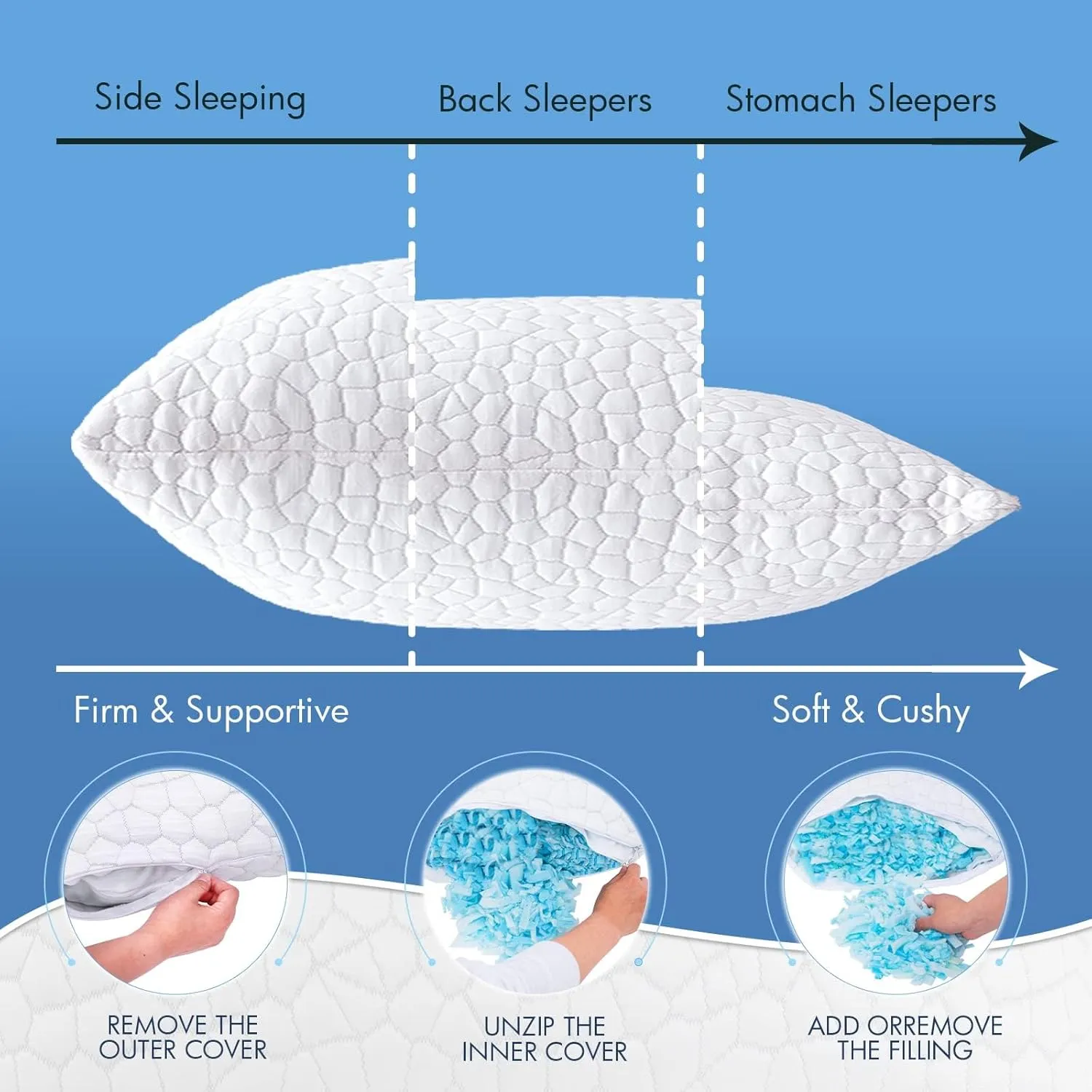 SUPA MODERN Cooling Pillows for Side Sleepers, Cool Side Sleeper Pillow for Neck Pain Relief, Luxury Shredded Memory Foam Pillows 2 Pack, Adjustable Gel Cervical Neck Pillow Queen Size Set of 2