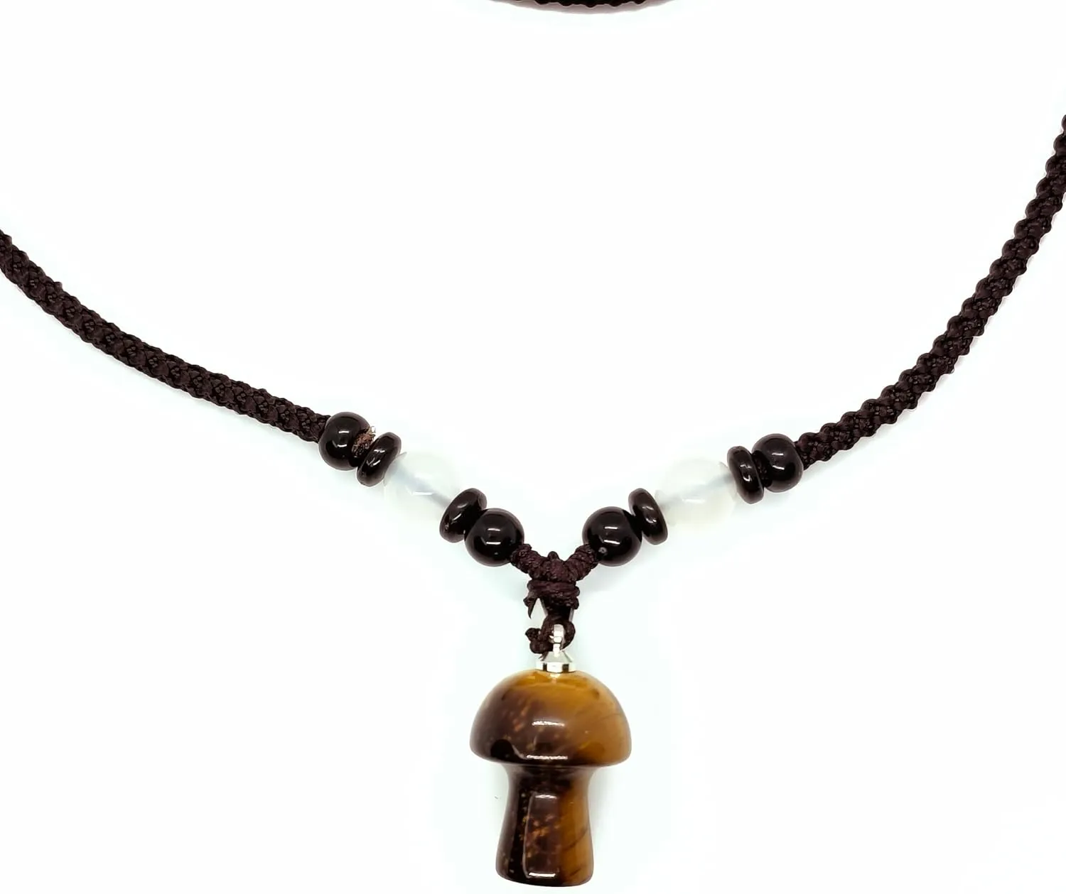 Tiger Eye Mushroom Pendant Necklace, Handmade Black Braided Cord with Natural Stone & Brass Clasp-26 Inch Long. Unique gift for for Men, Boyfriend, Valentine's Day, birthday gift. (Nacklace)