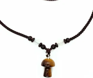 Tiger Eye Mushroom Pendant Necklace, Handmade Black Braided Cord with Natural Stone & Brass Clasp-26 Inch Long. Unique gift for for Men, Boyfriend, Valentine's Day, birthday gift. (Nacklace)