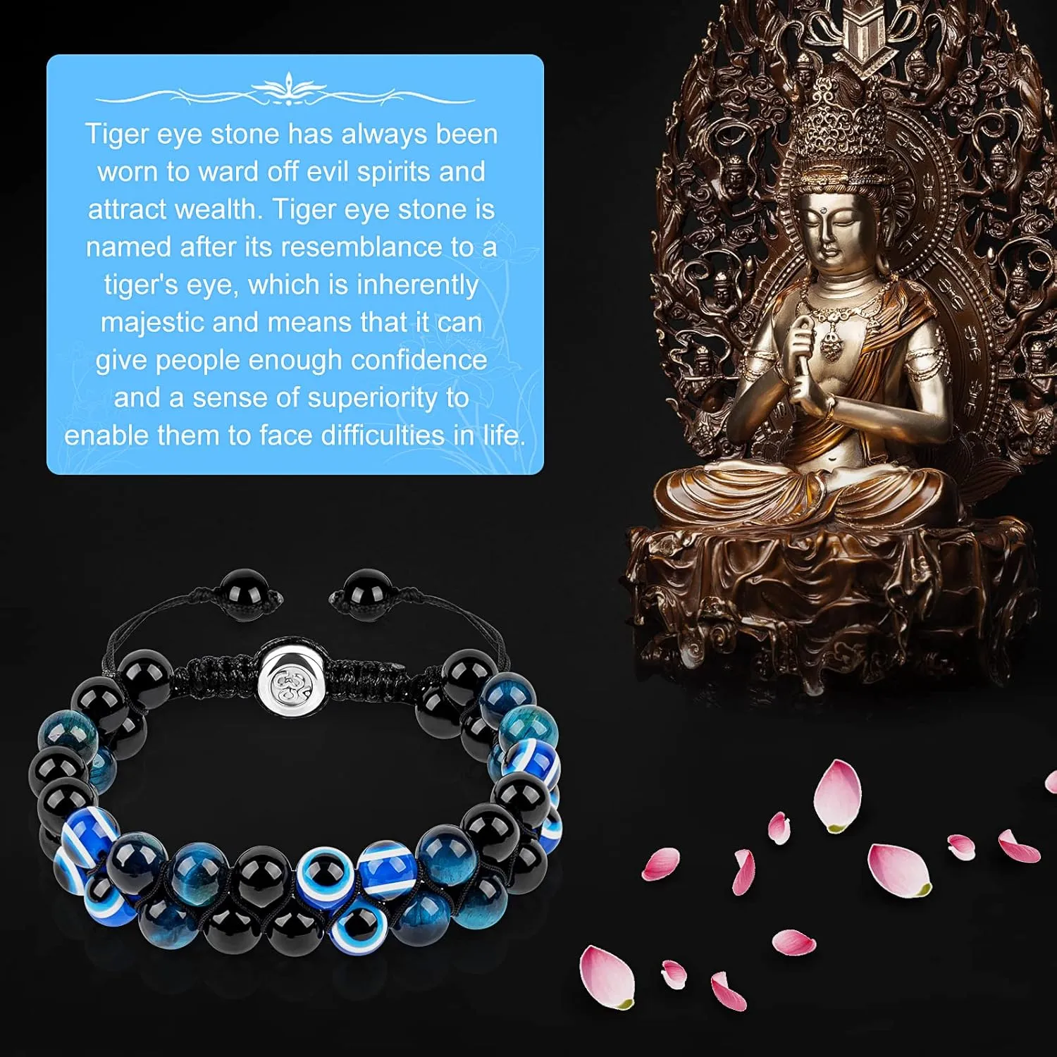 Triple Protection Bracelet, Evil Eye Tiger Eye and Black Obsidian 8mm Beads Bracelet for Men Women, Healing Bracelet Bring Luck and Prosperity, Happiness(Blue)