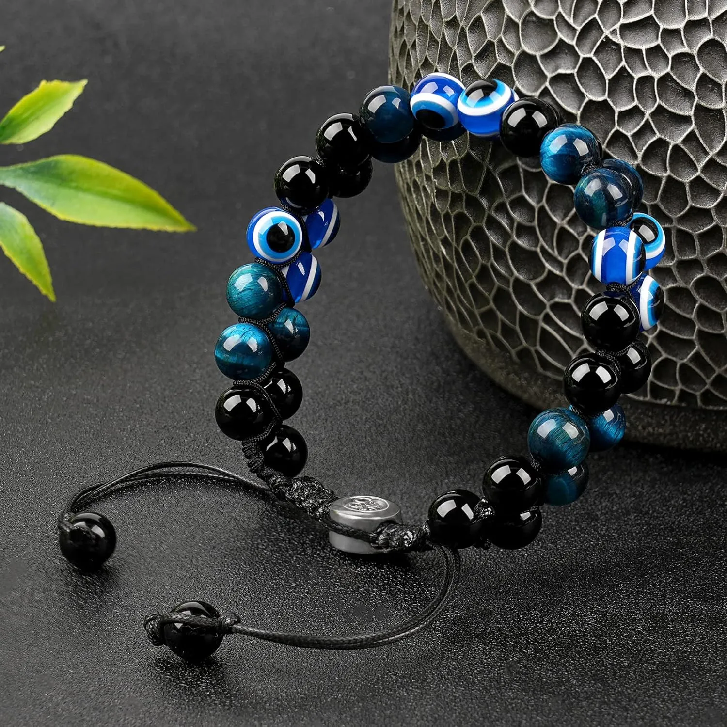 Triple Protection Bracelet, Evil Eye Tiger Eye and Black Obsidian 8mm Beads Bracelet for Men Women, Healing Bracelet Bring Luck and Prosperity, Happiness(Blue)