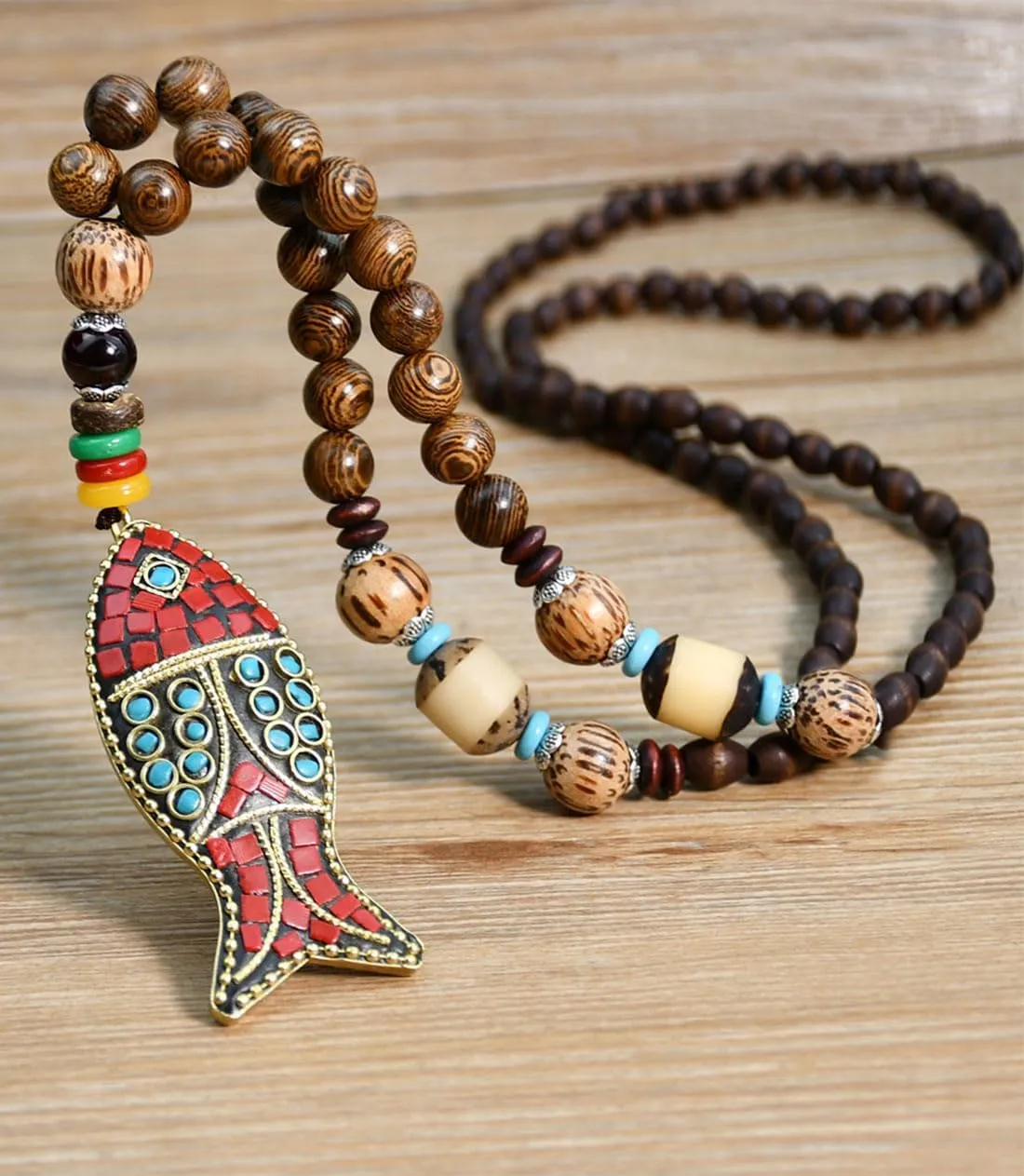 Vintage Long Necklace Handmade Turquoise Wood Beads Necklace for Women Fashion Jewelry