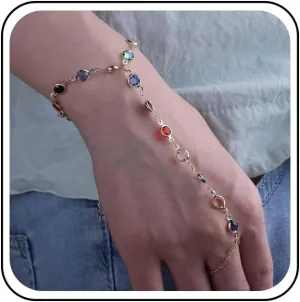 Vintage Rainbow Crystal Finger Bracelet Colorful Crystal Ring Wrist Bracelet Rhinestone Ring Chain Bracelet Boho Cz Slave Chain Bracelet Hand Chain Jewelry for Women