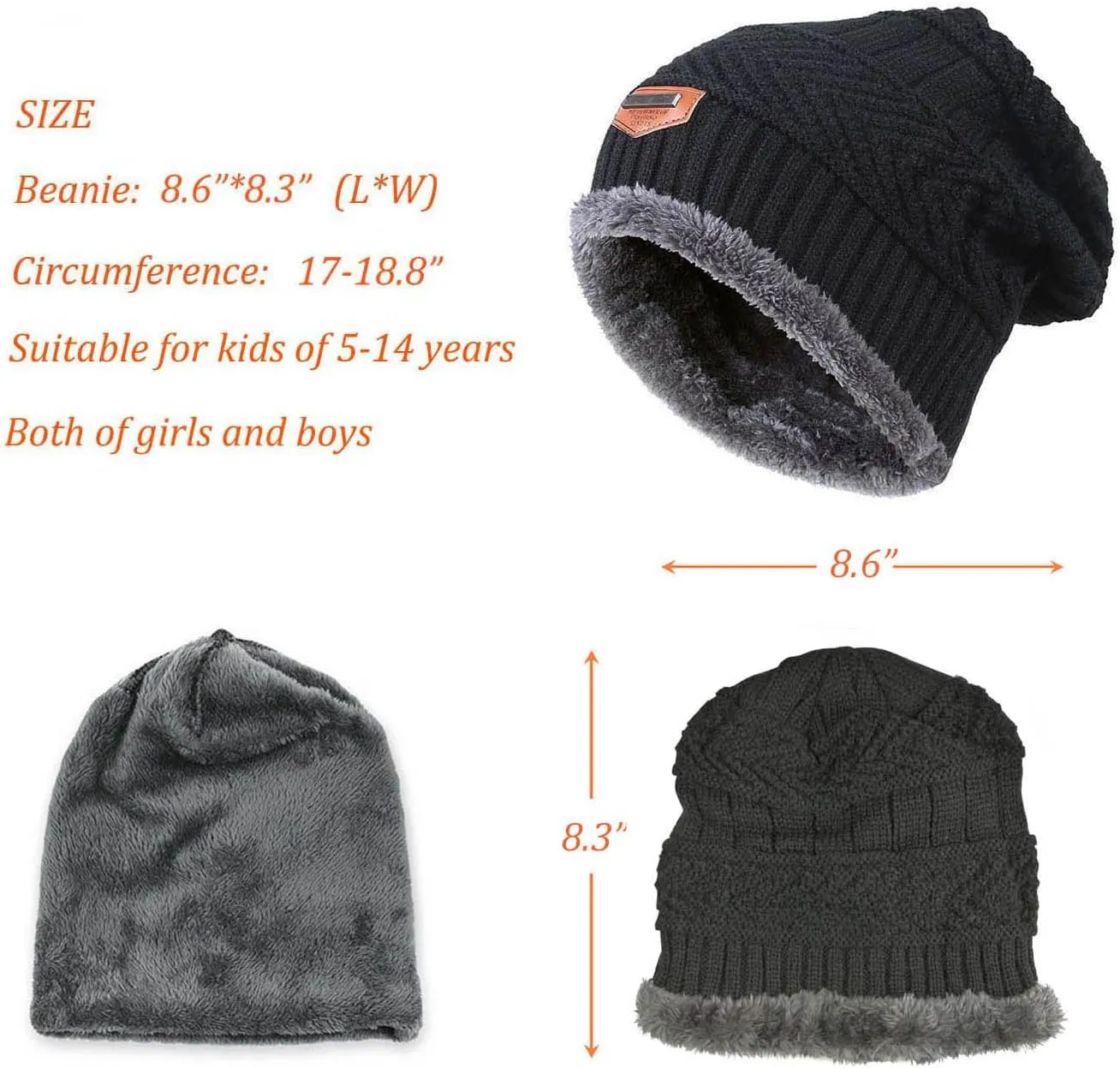 Winter Beanie Hat for Boys Girls (5-14 Years) Slouchy Beanie Windproof Warm Knit Kids Skull Cap