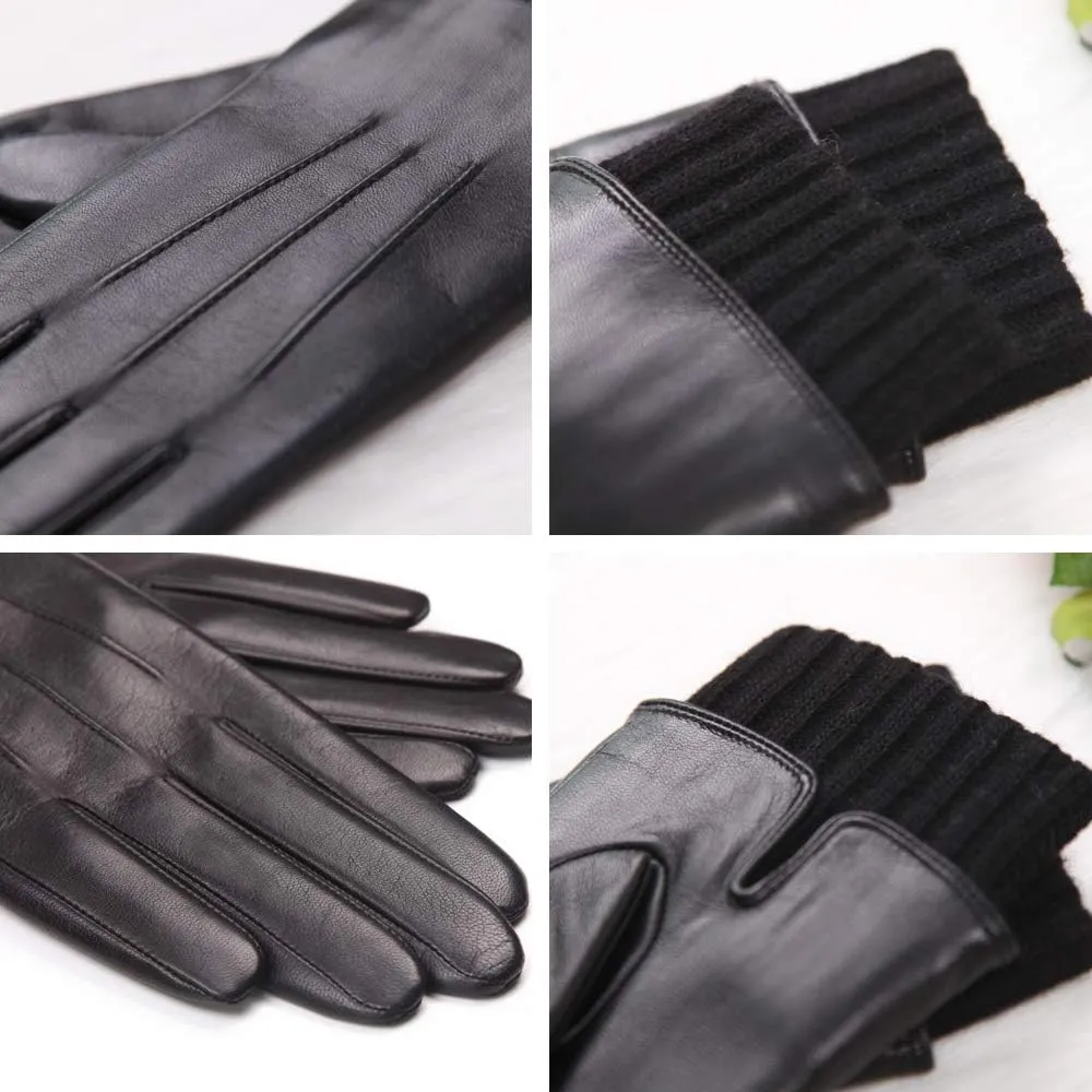 Winter Sheepskin Leather Gloves for Women - Warm Touchscreen Cashmere/wool Blend Lining Driving Windproof Cuffs