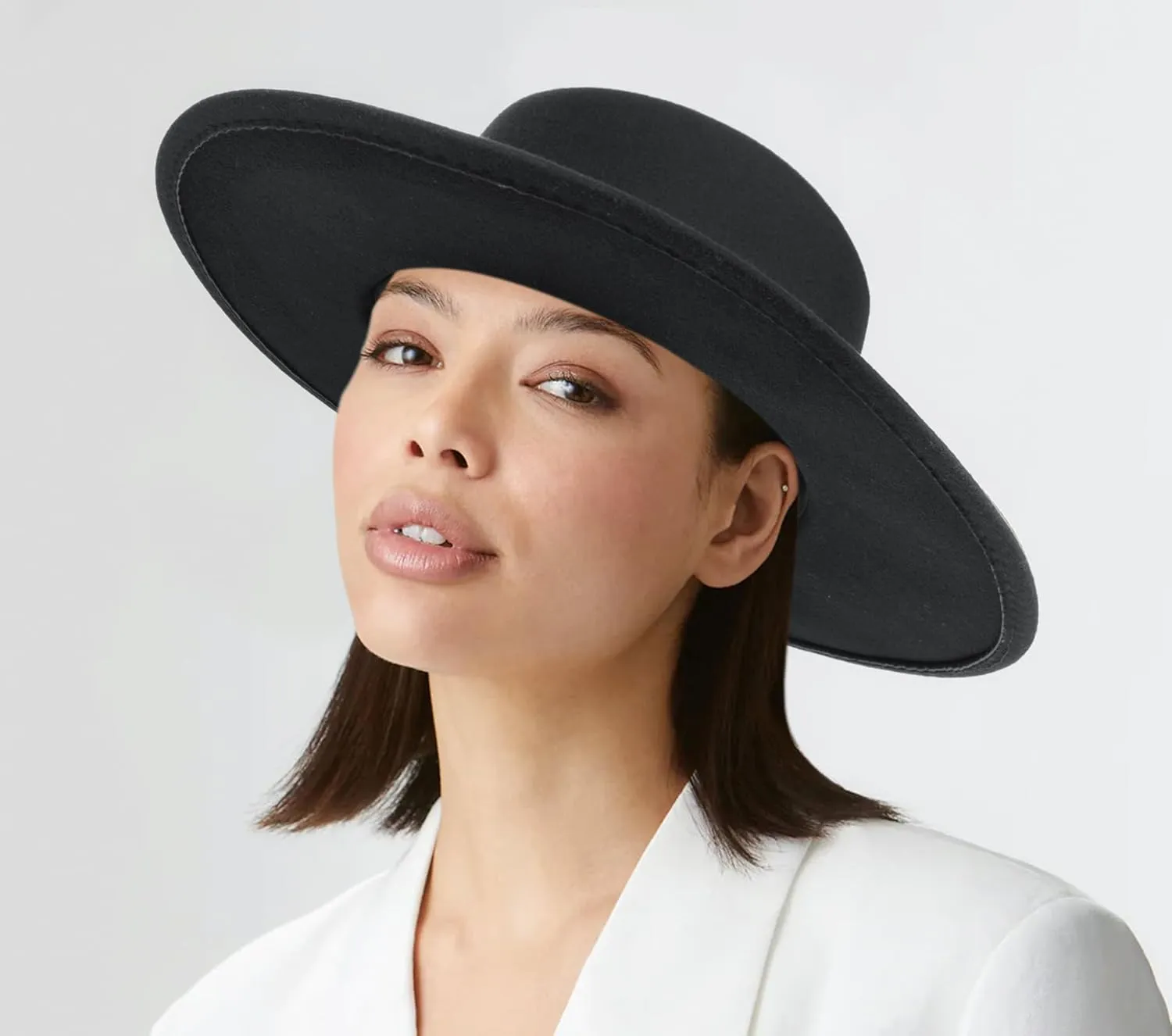 Women Fashion Felt Church Hats Classic British Style 9.5CM Wide Brim Top Fedora Hat Wedding Dress Up Jazz Cap
