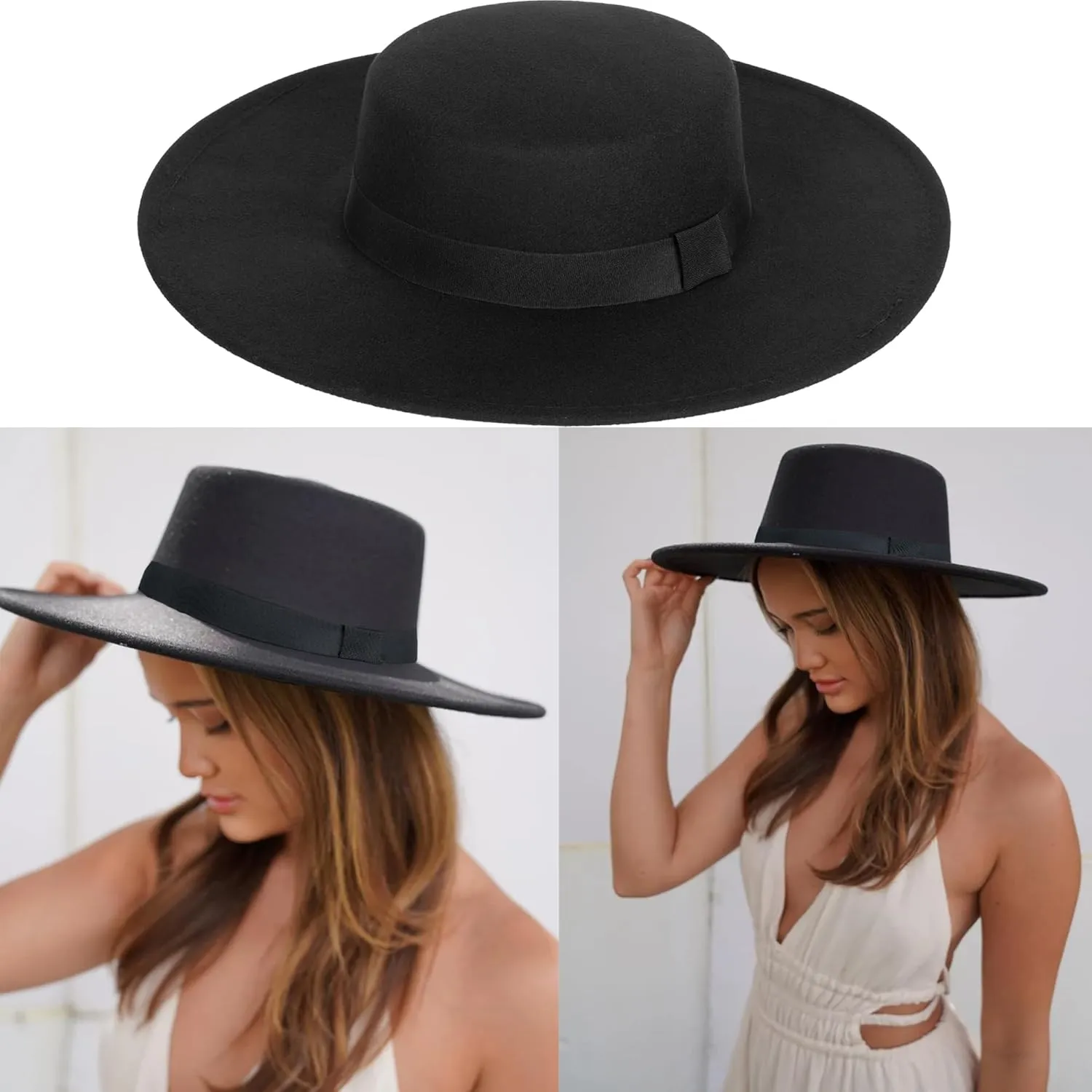 Women Fashion Felt Church Hats Classic British Style 9.5CM Wide Brim Top Fedora Hat Wedding Dress Up Jazz Cap