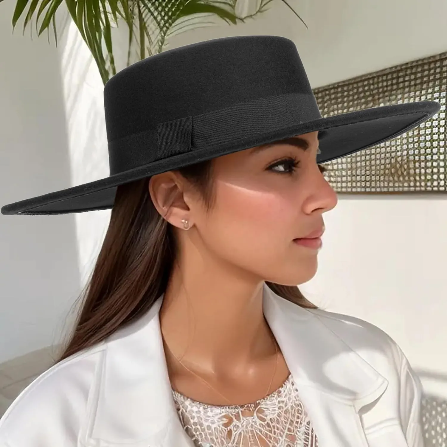 Women Fashion Felt Church Hats Classic British Style 9.5CM Wide Brim Top Fedora Hat Wedding Dress Up Jazz Cap