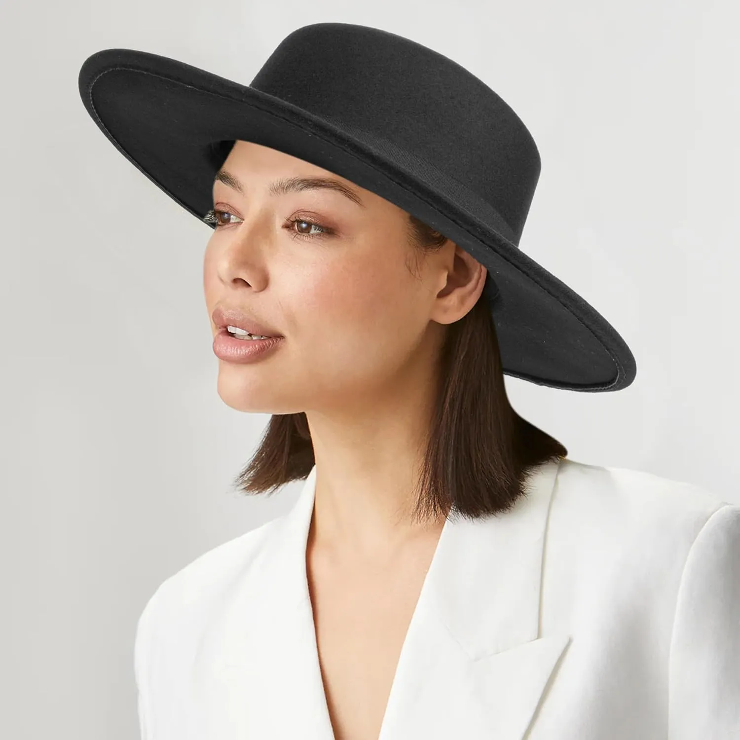 Women Fashion Felt Church Hats Classic British Style 9.5CM Wide Brim Top Fedora Hat Wedding Dress Up Jazz Cap