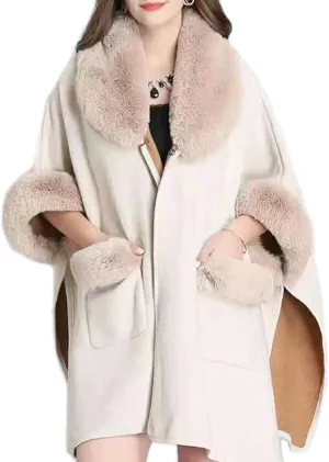 Women Poncho with Pocket Warm Cashmere Cardigan Cape with Rabbit Fur