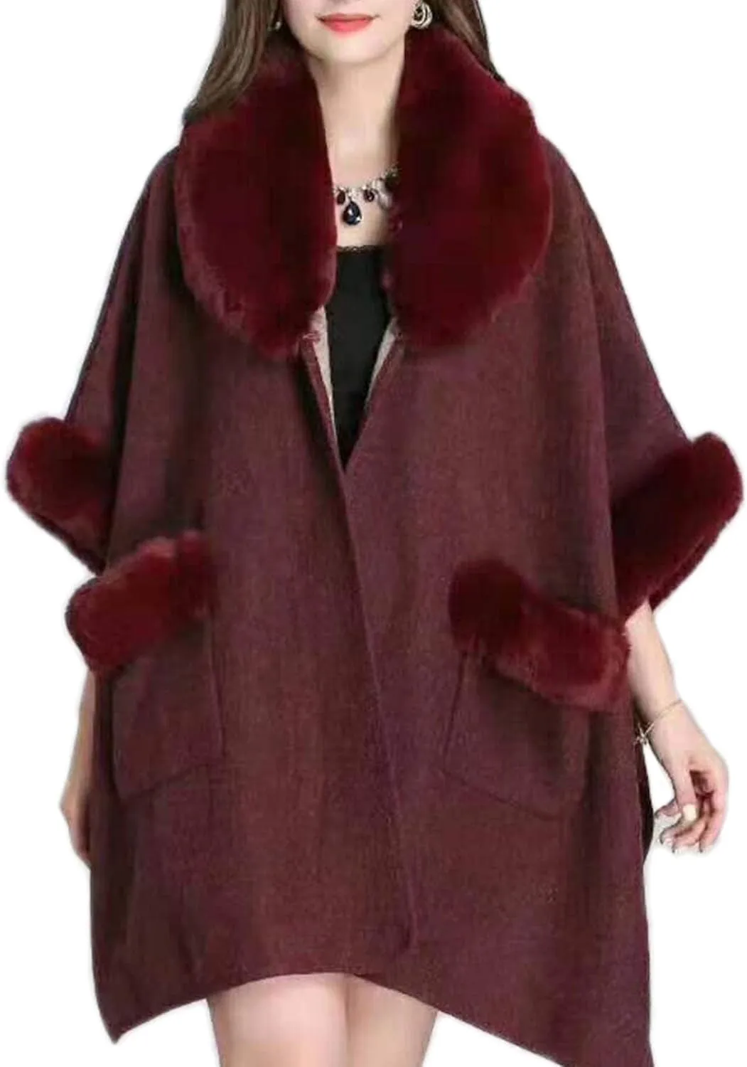 Women Poncho with Pocket Warm Cashmere Cardigan Cape with Rabbit Fur