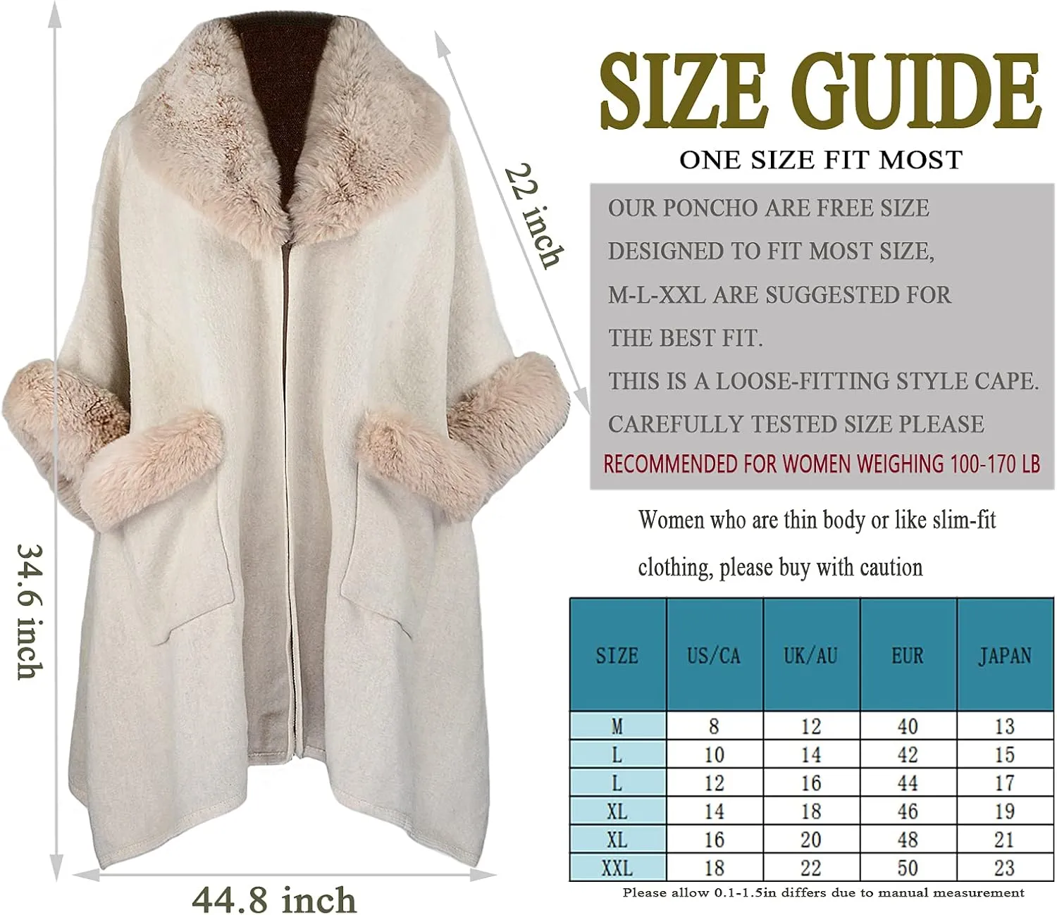 Women Poncho with Pocket Warm Cashmere Cardigan Cape with Rabbit Fur
