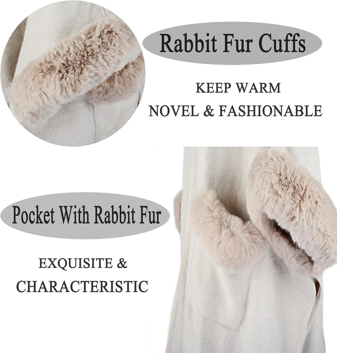 Women Poncho with Pocket Warm Cashmere Cardigan Cape with Rabbit Fur