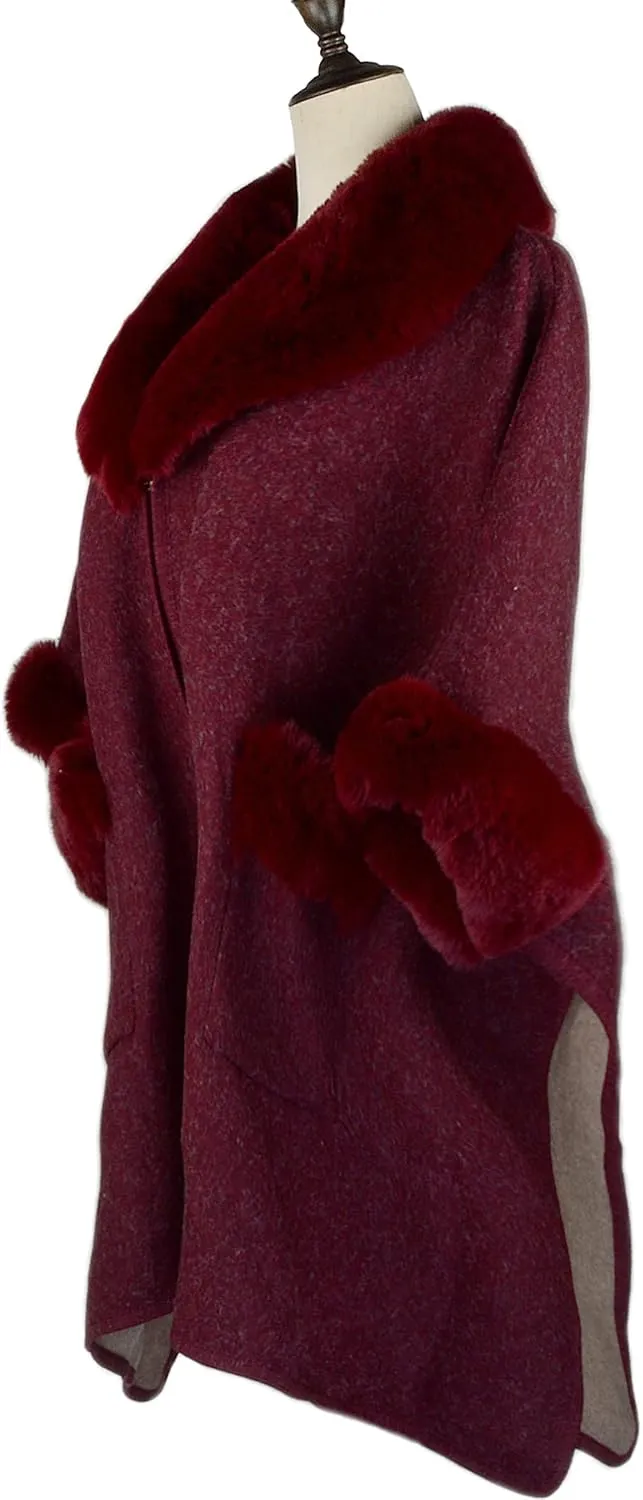 Women Poncho with Pocket Warm Cashmere Cardigan Cape with Rabbit Fur