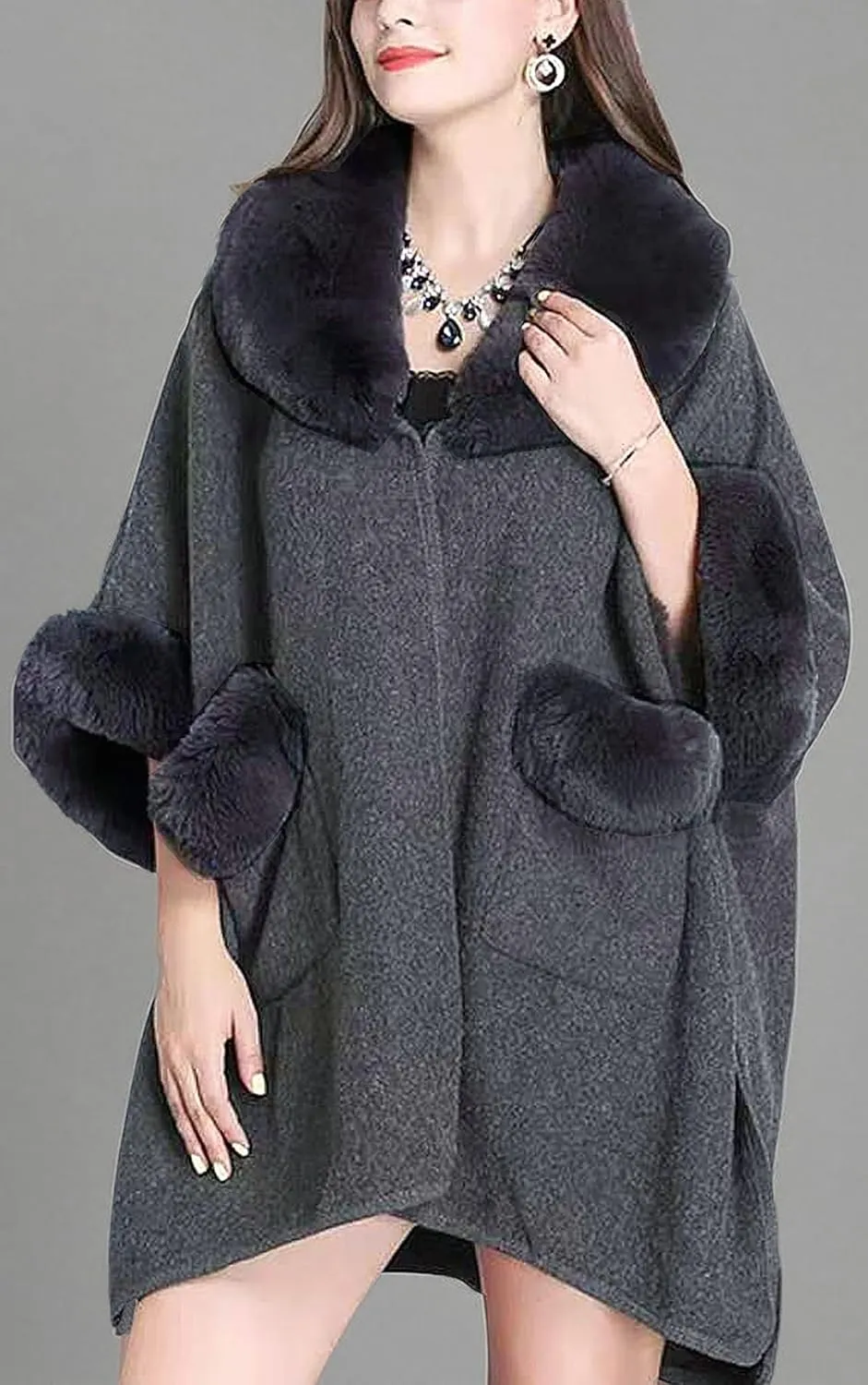 Women Poncho with Pocket Warm Cashmere Cardigan Cape with Rabbit Fur