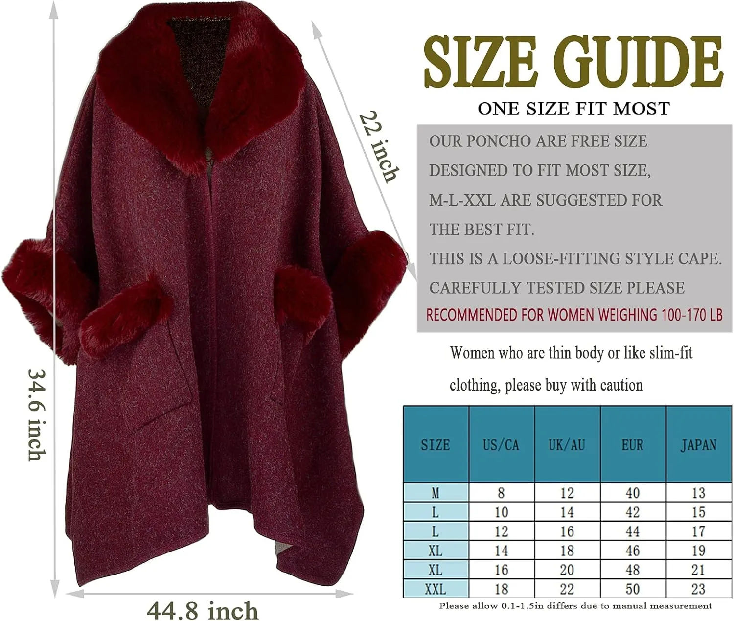 Women Poncho with Pocket Warm Cashmere Cardigan Cape with Rabbit Fur