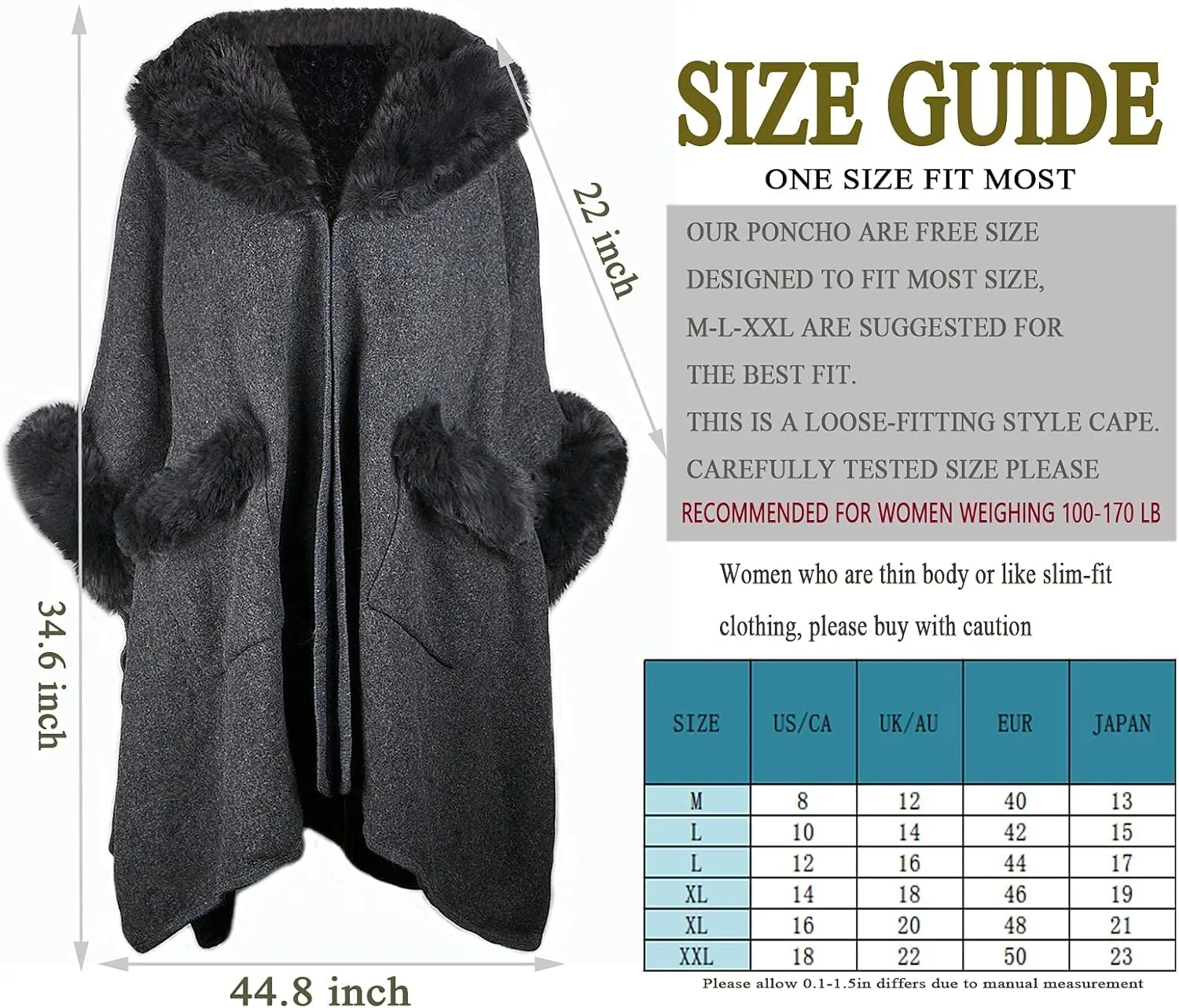 Women Poncho with Pocket Warm Cashmere Cardigan Cape with Rabbit Fur