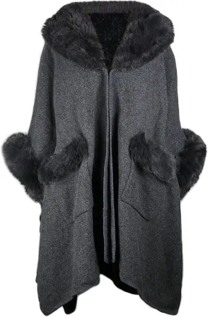 Women Poncho with Pocket Warm Cashmere Cardigan Cape with Rabbit Fur
