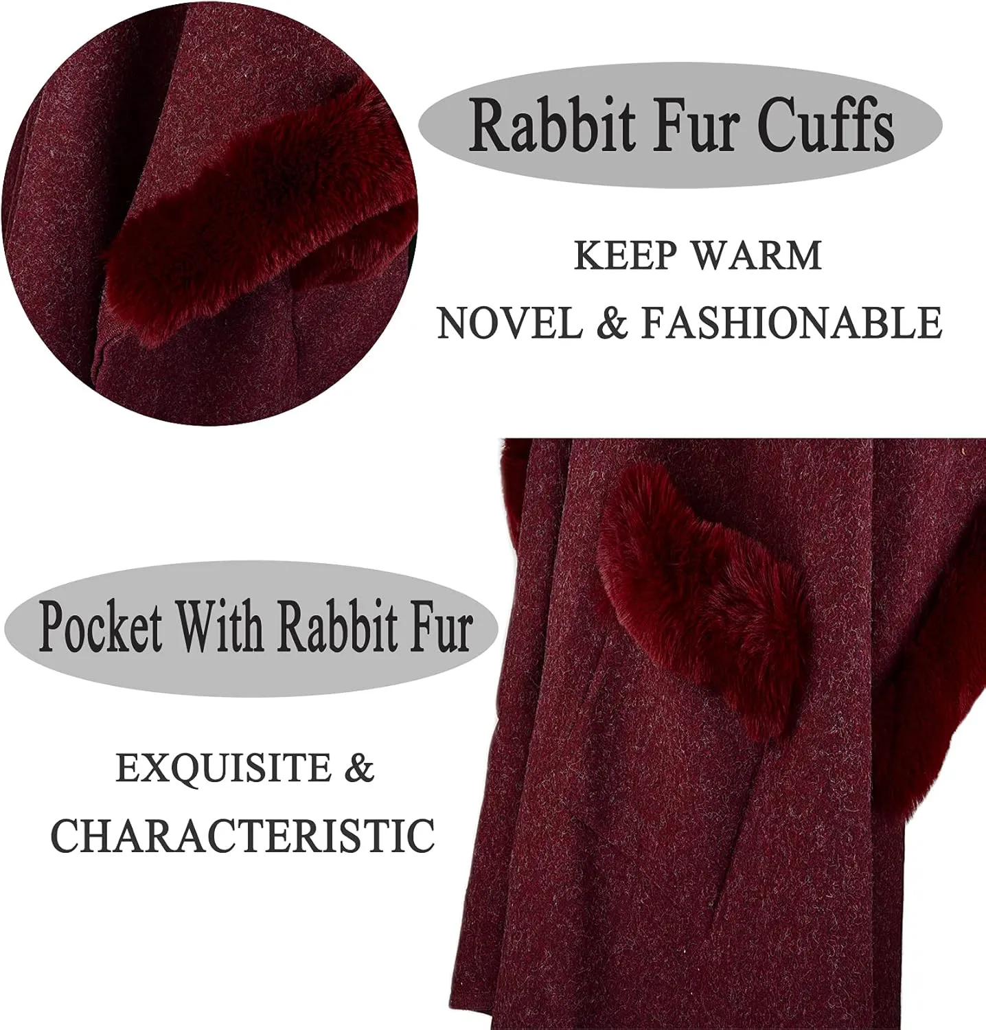 Women Poncho with Pocket Warm Cashmere Cardigan Cape with Rabbit Fur