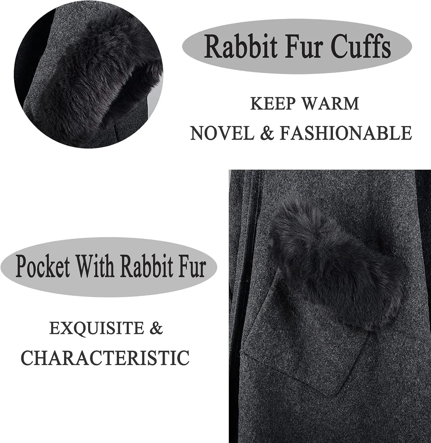 Women Poncho with Pocket Warm Cashmere Cardigan Cape with Rabbit Fur