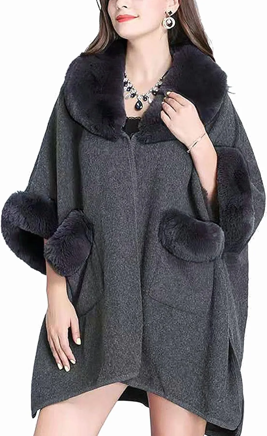 Women Poncho with Pocket Warm Cashmere Cardigan Cape with Rabbit Fur