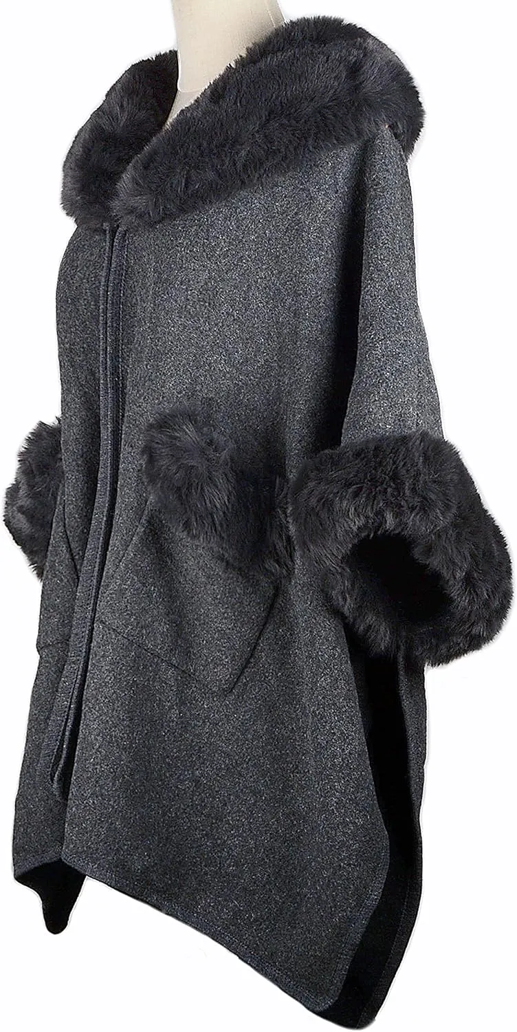 Women Poncho with Pocket Warm Cashmere Cardigan Cape with Rabbit Fur