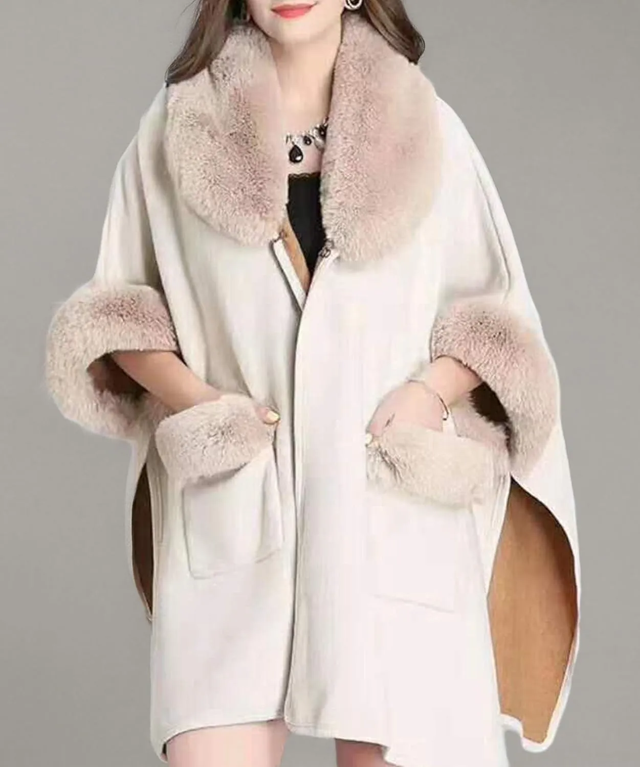 Women Poncho with Pocket Warm Cashmere Cardigan Cape with Rabbit Fur