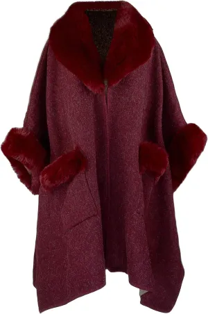 Women Poncho with Pocket Warm Cashmere Cardigan Cape with Rabbit Fur
