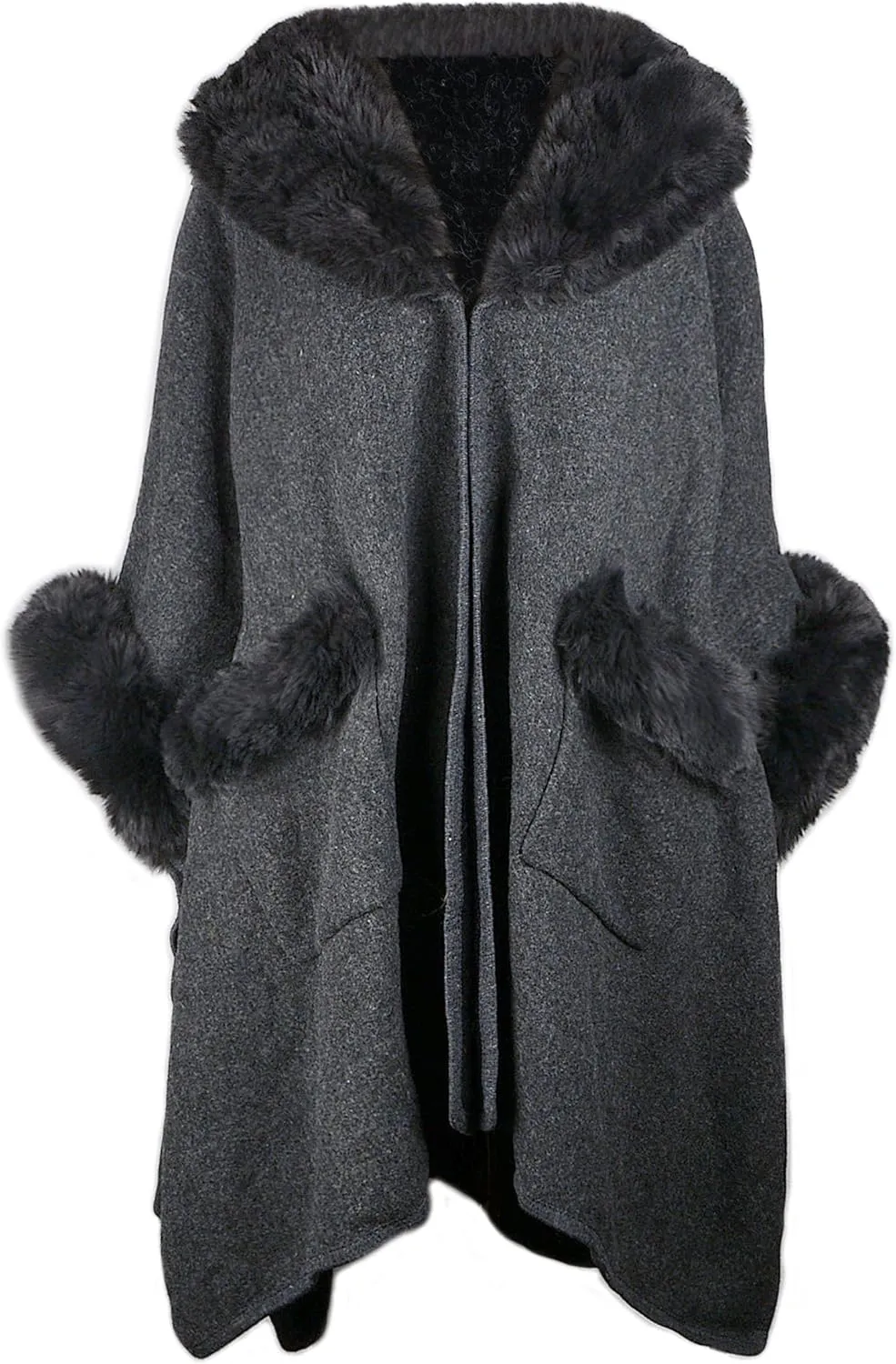 Women Poncho with Pocket Warm Cashmere Cardigan Cape with Rabbit Fur