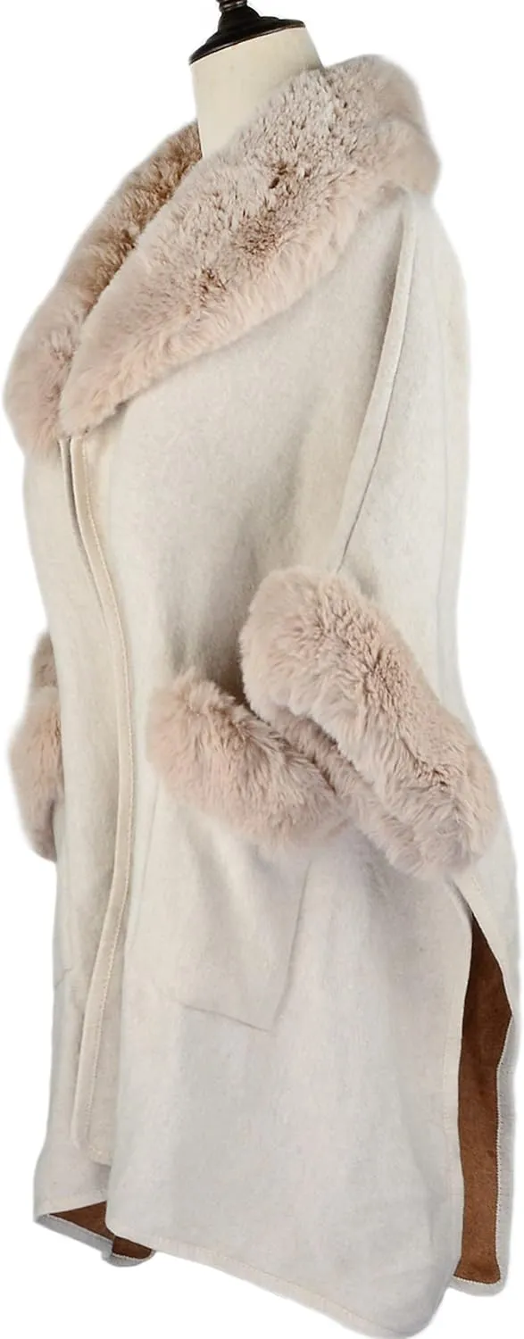 Women Poncho with Pocket Warm Cashmere Cardigan Cape with Rabbit Fur