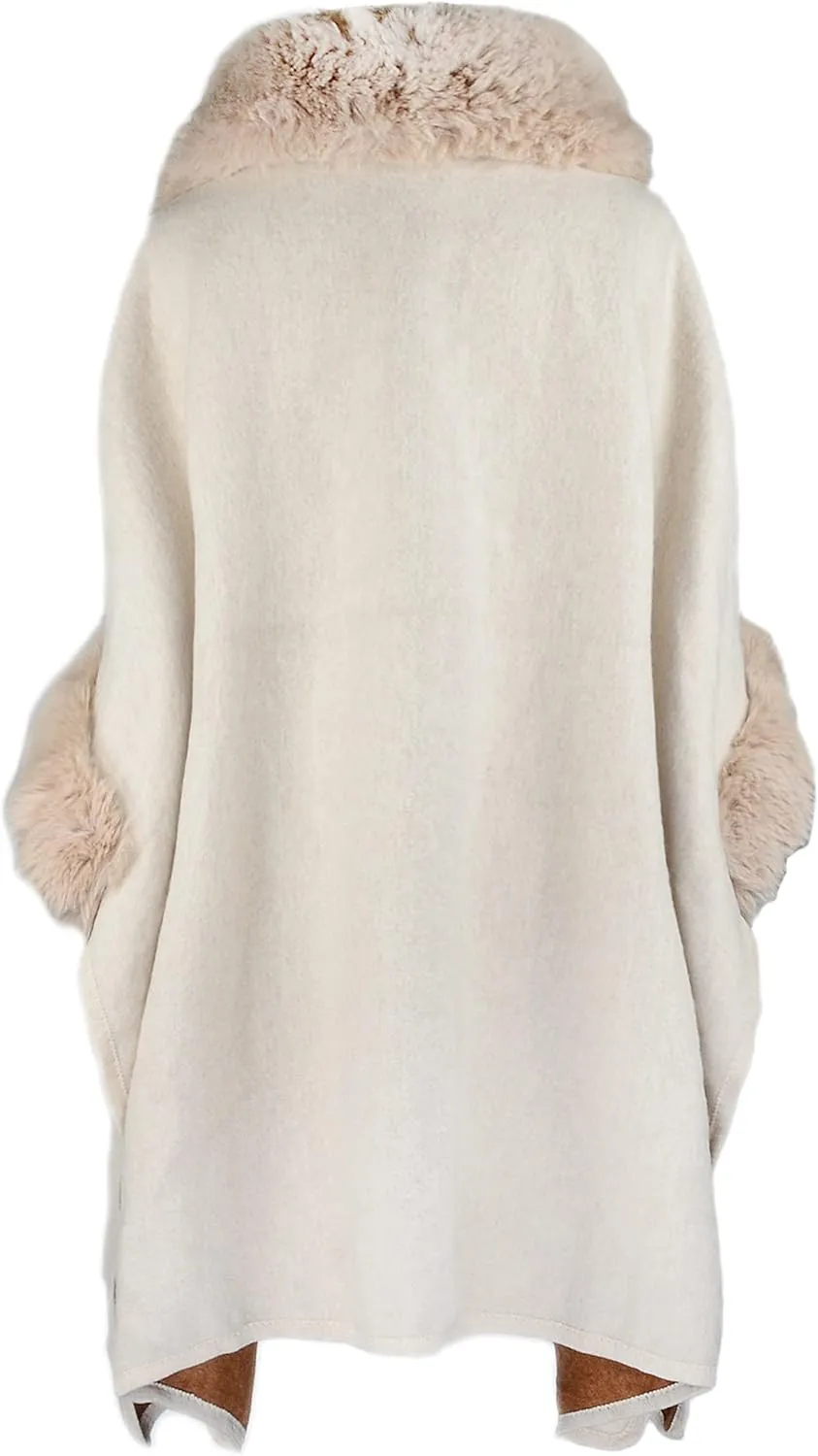 Women Poncho with Pocket Warm Cashmere Cardigan Cape with Rabbit Fur