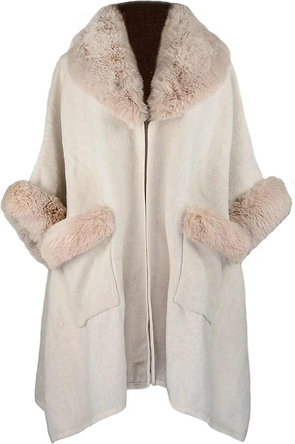 Women Poncho with Pocket Warm Cashmere Cardigan Cape with Rabbit Fur
