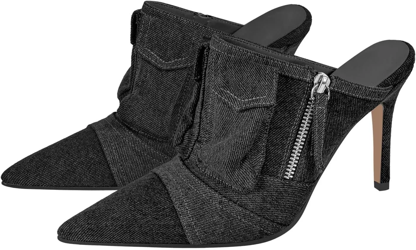 Women's Denim Stiletto Mules - Slip On Thin Heel Classic Sandals