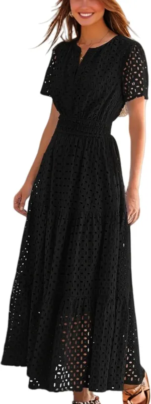 Womens Dresses Short Sleeve V Neck Long Beach Summer Aline Swing Flowy Dress with Pockets Casual Sundress